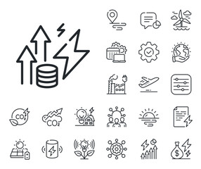 Electric power up trend sign. Energy, Co2 exhaust and solar panel outline icons. Energy inflation line icon. Consumption growth symbol. Energy inflation line sign. Vector