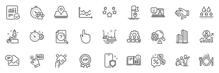 Fototapeta na wymiar Icons pack as Stars, Checked calculation and Dog competition line icons for app include Vip award, Smile, Innovation outline thin icon web set. Food, Bumper cars, Hand click pictogram. Vector