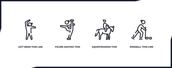 set of sports outline icons. thin line icons such as left bend thin line, figure skating thin line, equestrianism rinkball vector.