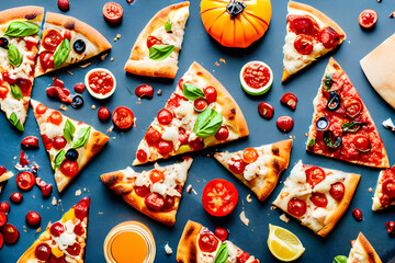 Discover diverse pizza styles with a visually captivating flat lay of small slices, adorned with global toppings. Celebrate culinary versatility