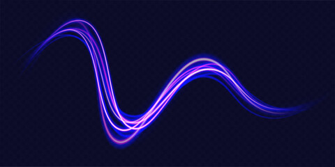 High speed effect motion blur night lights blue and red. Magic shining neon light line trails. Luminous bright background. Purple glowing wave swirl, impulse cable lines. Long time exposure. Vector