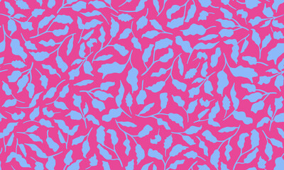 Blue botany seamless repeat pattern. Random placed, vector leaves all over surface print on pink background.