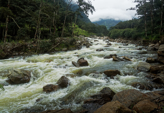 Ecuador - Papallacta Rio Quijos, powerfull river in South America, wild water stream from Ands to Amazonian lowland or plain, landscape from the rainforest