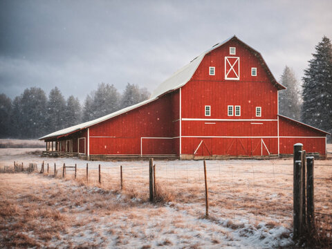 Large red barn in the winter