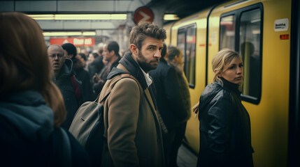 The dynamic movement of people entering or exiting a train, bus, or tram, navigating through the crowd