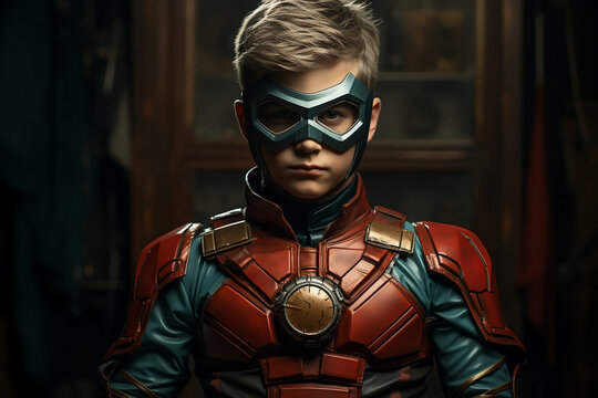 A boy wearing a superhero costume and a mask