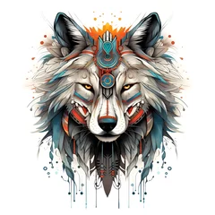 Deurstickers Boho Wolf illustration with a tribal design on white background
