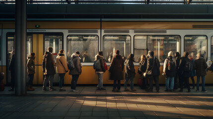 People waiting patiently at a bus stop, train platform, or tram station, showcasing the anticipation of their journey - obrazy, fototapety, plakaty