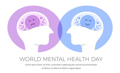 World mental health day concept, two human head profiles with positive and negative thinking brains, vector eps10 illustration
