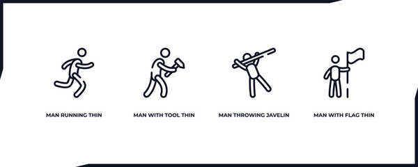 set of behavior outline icons. thin line icons such as man running thin line, man with tool thin line, man throwing javelin with flag vector.