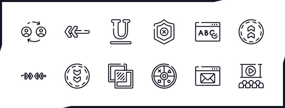 set of user interface outline icons. thin line icons such as user exchange, underline thin line, spellcheck thin line, top button bottom arrows wheels hall vector.