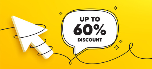 Up to 60 percent discount. Continuous line chat banner. Sale offer price sign. Special offer symbol. Save 60 percentages. Discount tag speech bubble message. Wrapped 3d cursor icon. Vector