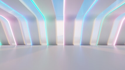Futuristic interior background laser lines glowing colorful neon in room 3d render