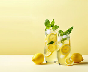 Glasses of fresh lemonade on light background with space for text. Generative AI