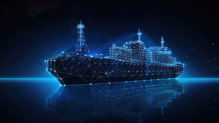 Worldwide cargo ship. Polygonal wireframe mesh art looks like constellation on dark blue night sky with dots and stars. Transportation, logistic, shipping concept illustration
