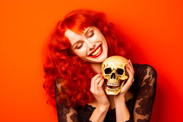 Seductive image of a vivacious redhead woman playfully interacting with an intriguing skull, stirring curiosity and evoking deep emotions. Generative AI