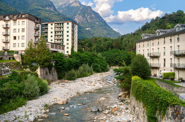 River Mera flows through the town of Chiavenna, a commune and a small town with 7330 inhabitants in...
