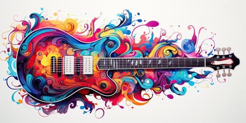 AI Generated. AI Generative. Draw paint sketch watercolor muisc guitar with color splash. Song audio band poster.  - obrazy, fototapety, plakaty