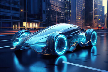 Futuristic sport car on dark background. Electric automotive vehicle with glowing led lights. Digital visualisation of futuristic transportation