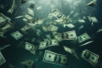 Dollar bills drowning in swimming pool. Banknotes underwater. Financial crisis, bankruptcy and recession concept