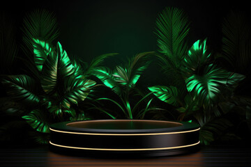Fototapeta na wymiar Podium with tropical exotic leaves background. Natural template for product advertisement