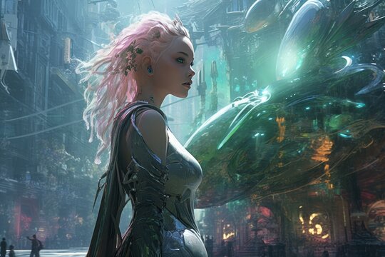 3D rendering of a female alien with pink hair in a futuristic city. Generative AI.