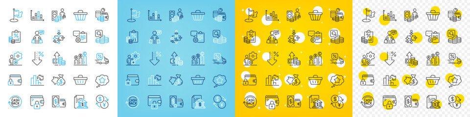 Vector icons set of Tax document, Job and Delivery discount line icons pack for web with Block diagram, Wallet money, Shopping basket outline icon. Inspect, Decreasing graph. Vector