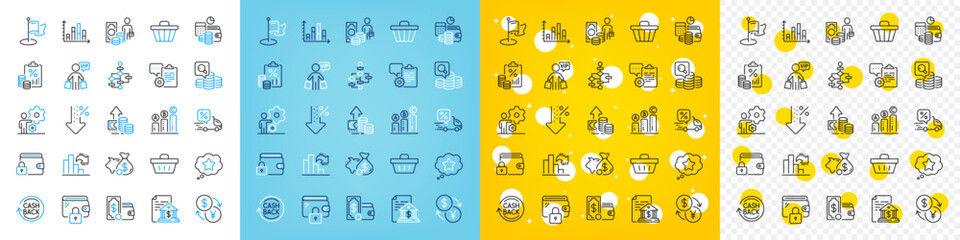 Fototapeta na wymiar Vector icons set of Tax document, Job and Delivery discount line icons pack for web with Block diagram, Wallet money, Shopping basket outline icon. Inspect, Decreasing graph. Vector