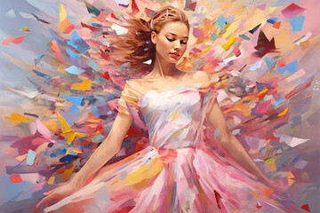 Fashion portrait of a beautiful young woman in pink dress with flying feathers. Generative AI.