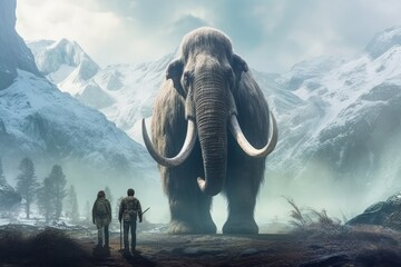 3d rendering of a two man and a big mammoth in the mountains. Generative AI.