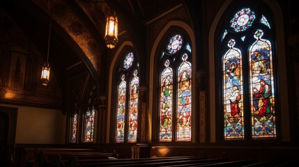 Fototapeta na wymiar The Warm Glow of a Stained Glass Window Illuminates the Sanctuary Church, generative AI