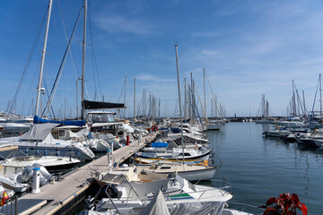 View of yachts and boats in the port of Golfe-Juan in southern France.