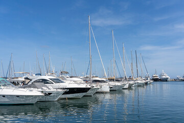 View of yachts and boats in the port of Golfe-Juan in southern France.