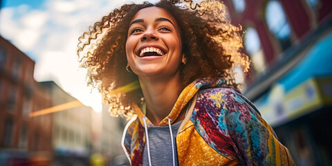 A joyful young woman brightens the city with her smile, embodying youthful vigor and liberty in casual wear under natural light. Generative AI