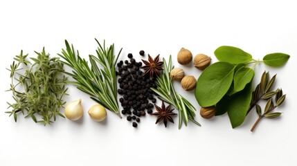 Fresh Mediterranean herbs and spices isolated on transparent background, sage, rosemary branches and leaves, thyme, oregano, thyme, green and black peppers, top view, lying flat