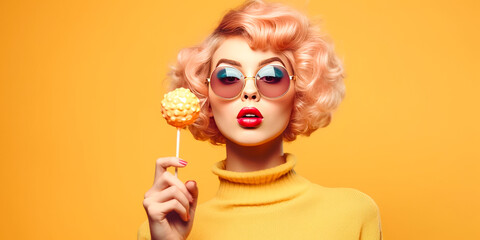 Stylish youthful girl enjoying caramel cupcake with spoon, pastel gradient backdrop. Embodies retro fashion, imaginative pop art dessert concept. Generative AI