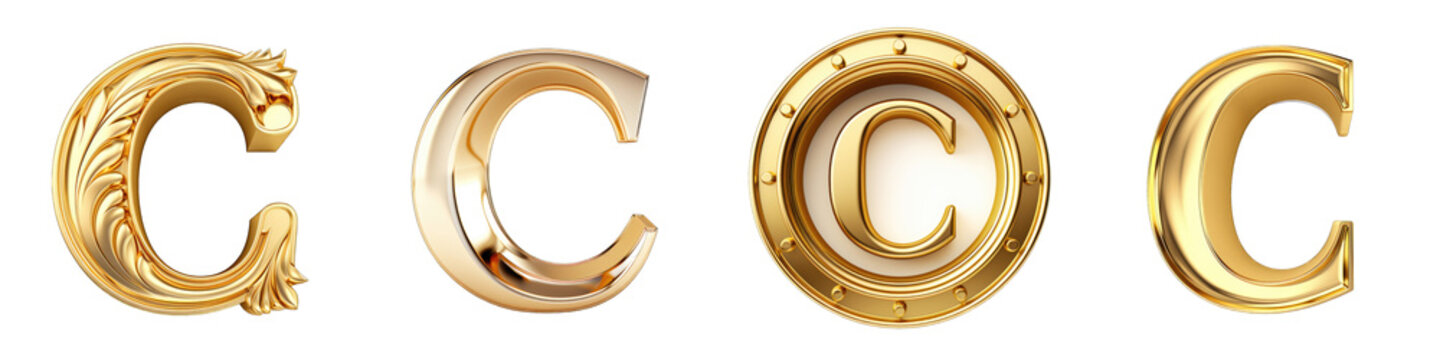 Golden alphabet, logotype, letter C isolated on a transparent background