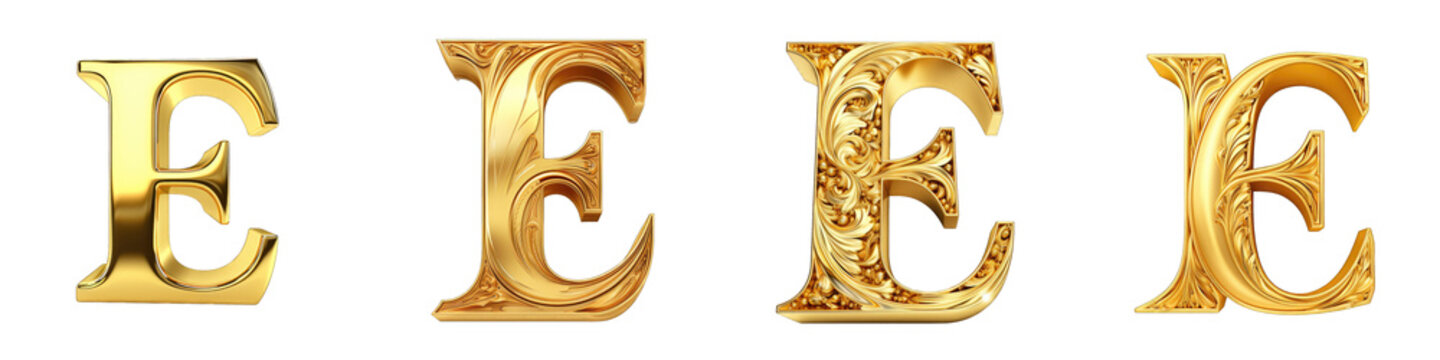 Golden alphabet, logotype, letter E isolated on a transparent background