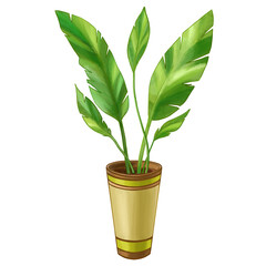 House plant in a vase. Large green leaves in a floor vase. Tropical plants. High-quality illustration for printing postcards, labels, books and other products. From the YOGA collection. High quality