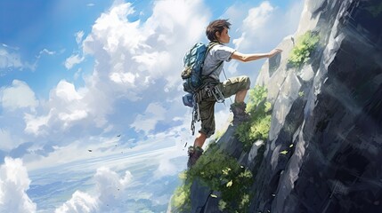 Side view of a young climber making a difficult move against a scenic landscape. The concept of motivation for an active summer holiday. Digital art for cover, card, postcard, interior design or print