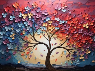 Colorful tree with vibrant leaves hanging branches illustration background 3d abstraction wallpaper for interior mural painting wall art decor generative ai