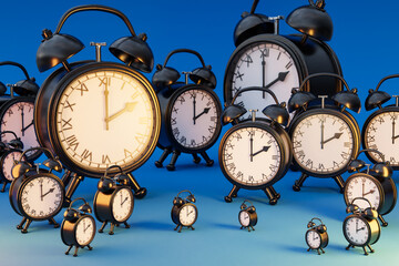  huge alarm clocks bell on infinite background; workload stress burnout concept; 3D Illustration
