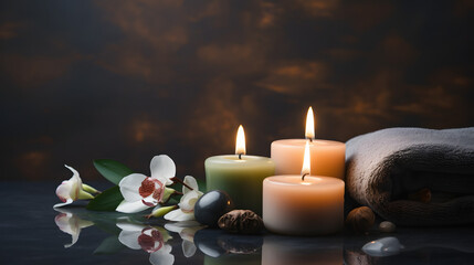 Obraz na płótnie Canvas Beauty spa treatment background with candles on a dark background. 