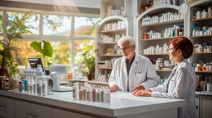 Fototapeta premium pharmacist adivsed customer in a phamacy