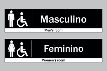 Placa de Sinaliza&ccedil;&atilde;o para Banheiros Bil&iacute;ngue Masculino, Feminino e Deficientes. Arte na cor preta com &iacute;cones e textos informativos brancos. 