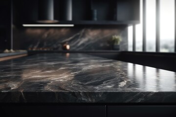 Modern empty dark marble table top or kitchen island, generative AI