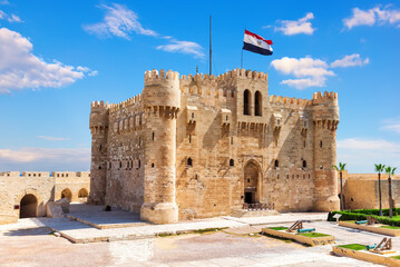 Qaitbay Citadel famous medieval fort built on the place of Lighthouse of Alexandria, Egypt - obrazy, fototapety, plakaty