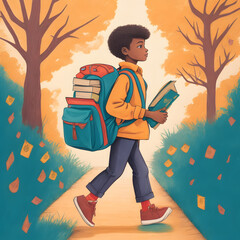 A vibrant, hand-drawn illustration of a student walking to school with a backpack full of books