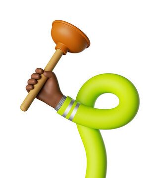 recommend clip art: 3d render. Funny cartoon flexible dark skin human arm holds plunger building tool. Professional plumber. Toilet cleaning service clip art. Elastic african hand isolated on white background
