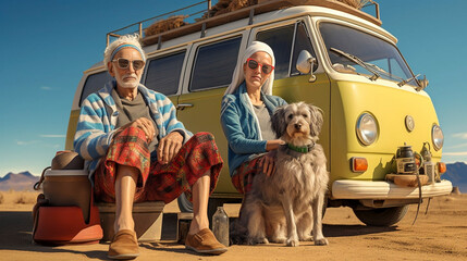 AI generated, adventerous senior couple doing a road trip. Senoir couple sitting next to the camper van, with a dog. Alternative lifestyle. Exploring foreign countries.